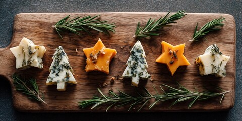 Cheese slices cut into star and tree shapes are arranged neatly on a wooden board with rosemary sprigs. The simple setup and warm tones create minimalist festive charm.