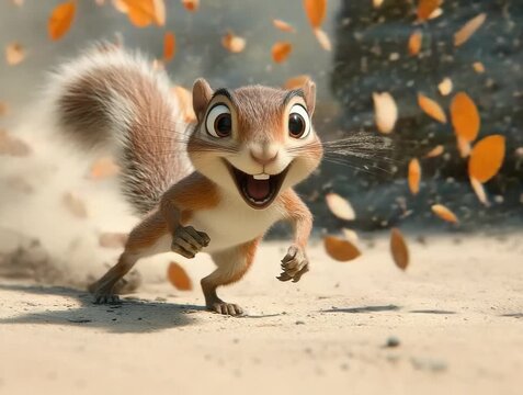 Animated Squirrel Running and Laughing on Ground, Cartoon Style