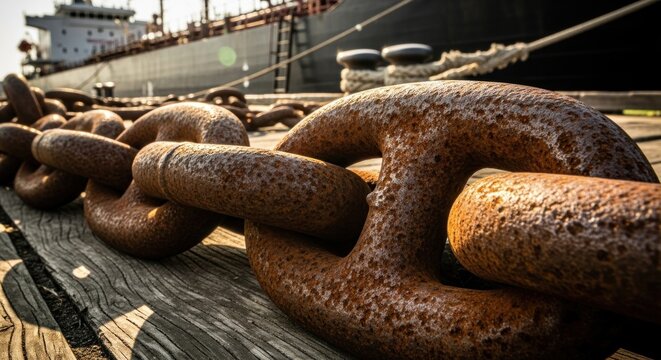 Closeup of a rusty anchor chain on wooden planks with a ship in the background