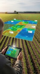 Farmer analyzes field data overlay showing soil or crop variations using a digital device