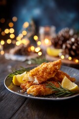 Crispy fried fish fillet with lemon and herbs rests on a festive plate with warm lights. A traditional Polish Christmas Eve dish known as fried carp.