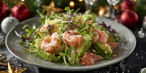 Elegant salad of shrimp, avocado, grapefruit and microgreens sparkles with edible gold stars amid Christmas decor, a bright and festive dish.