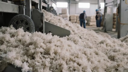 Workers in a cotton gin factory processing raw cotton fibers.