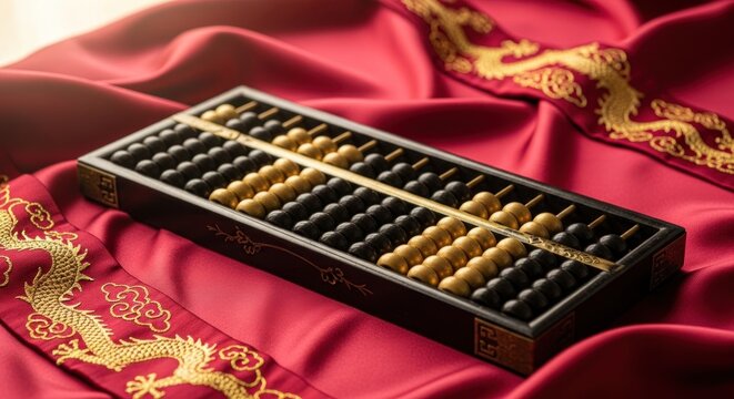Abacus on red silk with gold dragon embroidery