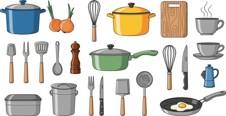 Kitchen Utensils and Cookware Illustration: Food Preparation in a Culinary Setting for Cooking Education and Recipe Design, Enhancing Home Economics, Presented in a Clean, Modern Style, Ideal for Rest