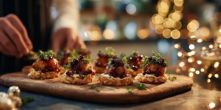 Hands arrange festive canapes with herbs and berries on a serving tray as twinkling kitchen lights glow softly behind.