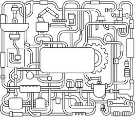 Mechanical Engineering System Diagram &ndash; Industrial Machine Components and Pipeline Vector Illustration, mechanical, machine, workflow