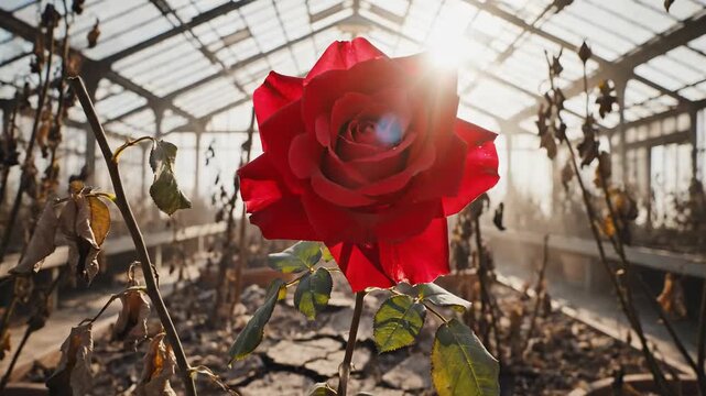 A solitary red rose blooming in a greenhouse amidst dry, withered plants, and sunlight