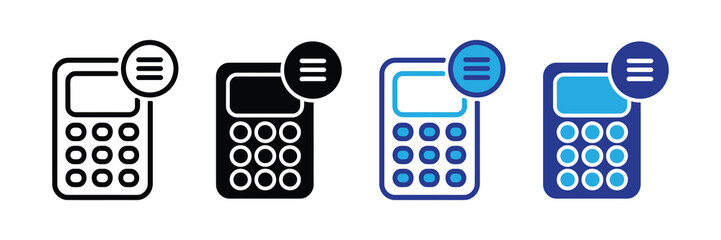Set of four calculator icons with different styles including outline, filled, and colorful variations, representing calculation and accounting tools.