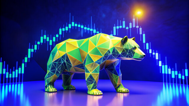 Geometric bear figurine with stock market graph financial concept for bearish market trend investment risk and economic downturn
