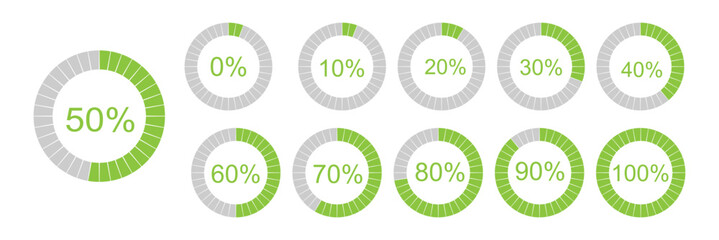 Percentage infographics simple elements. Round diagrams icons for infographics from 0 to 100 percent. Colour fill divided pie charts indicators in  Mockup of circle graph loading