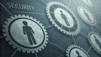 Social Security Contribution Concept. Digital representation of security concepts with gears and human icons, symbolizing protection and technology.