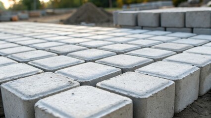 Social Security Contribution Concept. Paved stones arranged neatly on a construction site, with a natural background suggesting ongoing landscaping work.