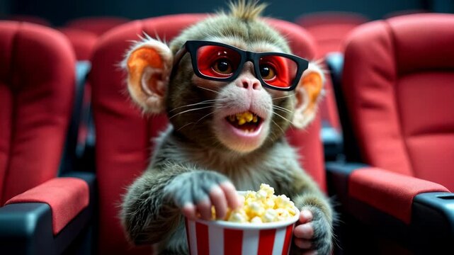 Funny monkey wearing 3D glasses eating popcorn in red cinema seat. Humorous monkey enjoying movie theater experience with snacks in entertainment concept with anthropomorphic animal character.