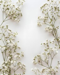 Delicate white baby's breath flowers arranged on a plain white background with copy space