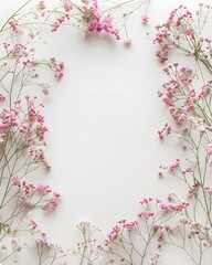Pink baby's breath flowers frame white copy space, delicate floral border, studio shot