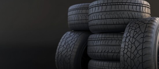Stack of new car tires on a dark background showcasing tread pattern