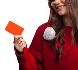 Young woman Christmas hat with card, buying concept