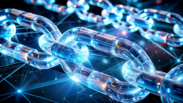 Blockchain network concept with glowing chain links digital connection and data transfer representing security and technology