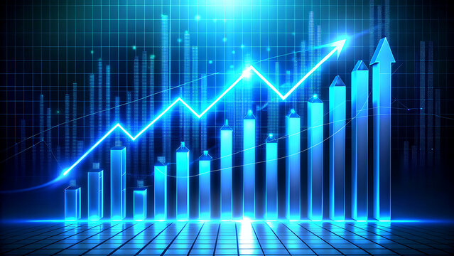 Growing bar graph with arrow a financial chart showing business growth and success on a blue grid background - Powered by Adobe