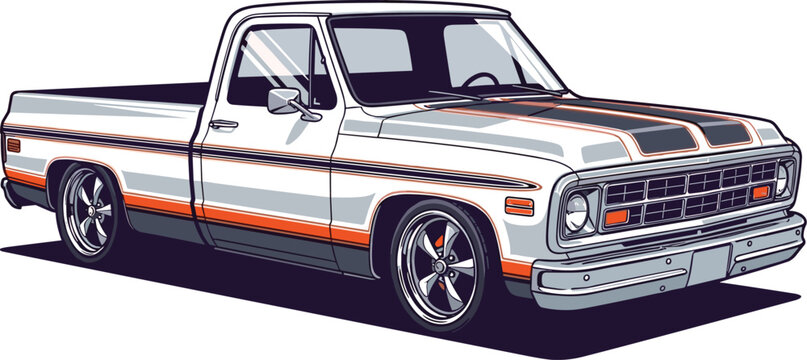 Vintage Pickup Truck Illustration Cruising: Classic Automotive Design in a Graphic Style Artwork, Perfect for Transportation Enthusiasts and Automotive Industry Marketing, Classic American Muscle Car