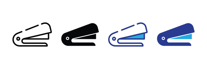 Four diverse stapler icons: outline, solid black, outline blue with blue accent, and solid blue with blue accent, isolated on white background