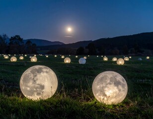 Magical Moonlit Field - Illuminated Spheres Under a Night Sky.