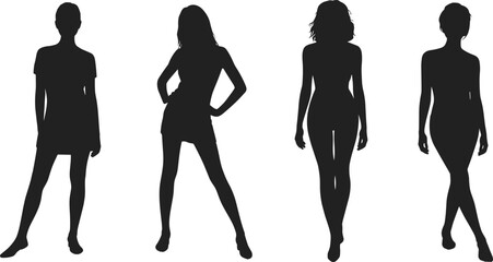 Beautiful four women fashion silhouettes posing in sexy mini dresses studio black and white vector isolated illustration set.