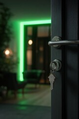 Open Door with House-Shaped Key – Modern Home Entrance at Night