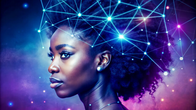 Portrait of a thoughtful Black woman neural network concept representing artificial intelligence and modern technology