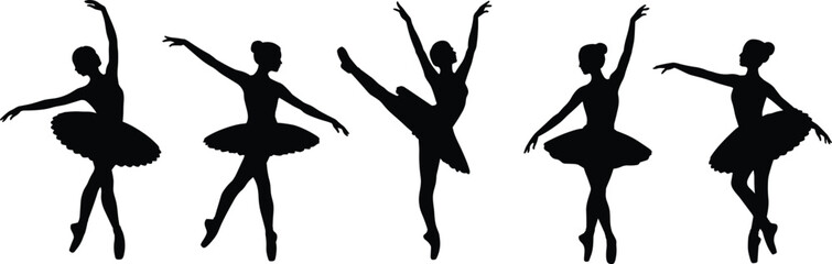 Elegant vector set of five ballet dancer silhouettes in tutus, performing graceful poses, illustrating classical dance art.