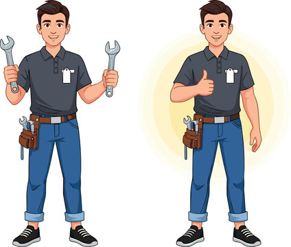 Confident Handyman Cartoon Character Poses with Tools & Thumbs Up for Repair Services, Illustrating Professional Expertise & Customer Approval in Home Improvement Industry, Ideal for Website & Marketi