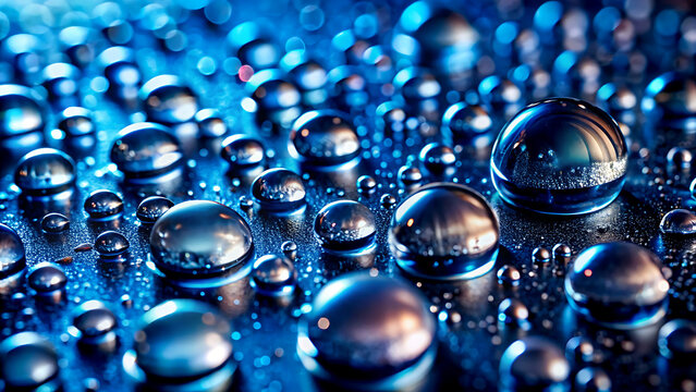Close-up of water droplets on a blue surface creating a textured background ideal for science or technology concepts