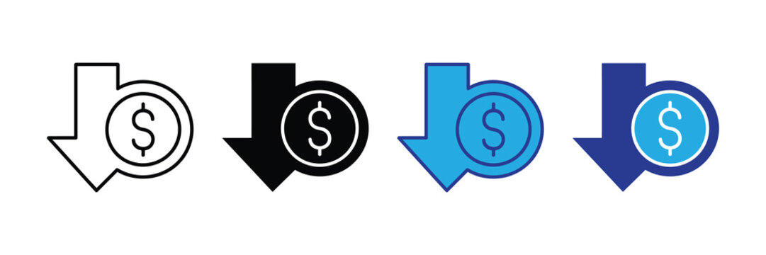 Icon set symbolizing financial decrease with downward arrow and dollar coin, representing costs reduction, budget cuts, and economic recession.