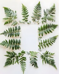 Green fern leaves arranged in a decorative border around a blank white paper