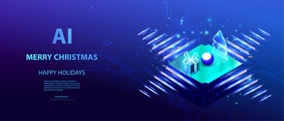 Christmas Artificial Intelligence futuristic business vector banner. Ai technology holiday card with isometric 3d ornaments.