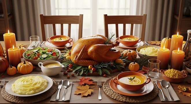 Cozy autumn harvest feast with a golden roasted turkey centerpiece on a beautifully decorated family dinner table for the holidays
