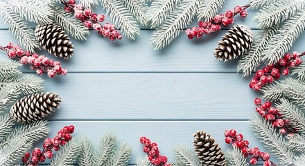 A festive Christmas composition with snow-dusted fir twigs, pinecones, and vibrant red berries creating a frame on a rustic blue wooden background