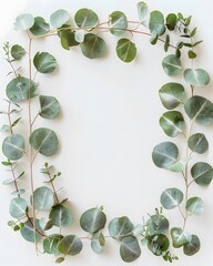 Eucalyptus branch border on white background, natural greenery, copy space in center