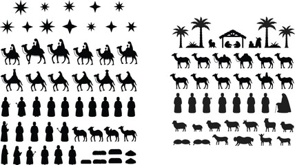 Large vector set of Nativity scene silhouettes: Three Kings, stable, camels, shepherds, wise men, and stars collection.