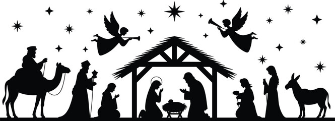 Nativity scene vector silhouette, birth of Jesus Christ, Christmas holiday religious banner, isolated black illustration design.