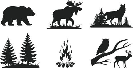 Vector set of black wilderness and forest animal silhouettes: bear, moose, wolf, owl, deer, trees, and campfire icon.