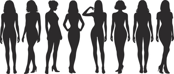 Vector set of eight slim female silhouettes in various standing and posing stances, illustrating fashion and beauty concepts.
