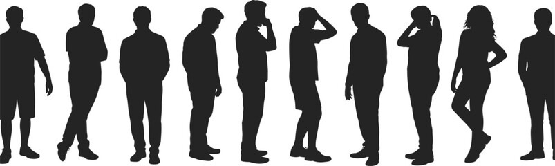 Vector set of diverse young people and students silhouettes standing in casual clothes, thinking, and interacting poses.