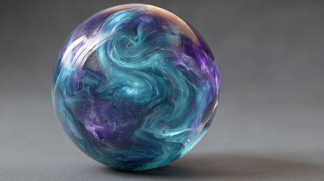 A mesmerizing orb featuring swirling blue and purple hues and textures. The reflective surface and abstract patterns create an eye-catching effect