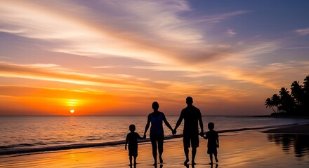 Family silhouette walking on tropical beach during golden sunset holding hands