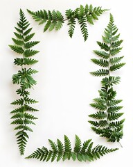 Green fern branches arranged in a rectangular frame on a white background.
