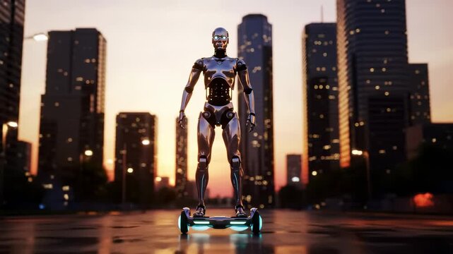A metallic robot stands on a hoverboard in a futuristic city. The sunset illuminates the buildings and road, highlighting the robot