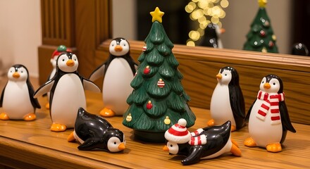 Festive penguin figurines gather around a miniature christmas tree on a wooden surface