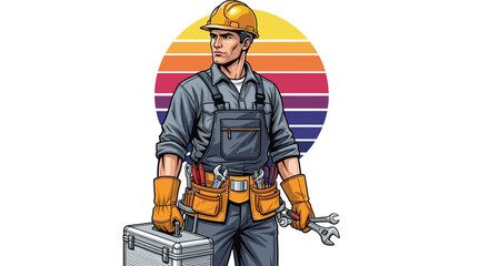 Dedicated Construction Worker Standing Proudly with Tools Against Retro Sunset Backdrop, Ready for Building Projects & Maintenance Tasks, Illustrative Style for Engineering & Skilled Trades Marketing,